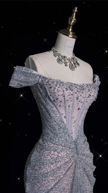 Off The Shoulder Mermaid Prom Dresses Lace Sequined Evening Graduation Dress,AST2233