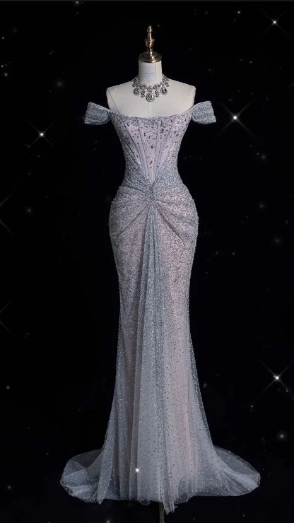 Off The Shoulder Mermaid Prom Dresses Lace Sequined Evening Graduation Dress,AST2233