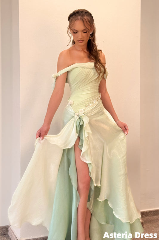 Off The Shoulder Mint Green Floral Ruffles Prom Dresses