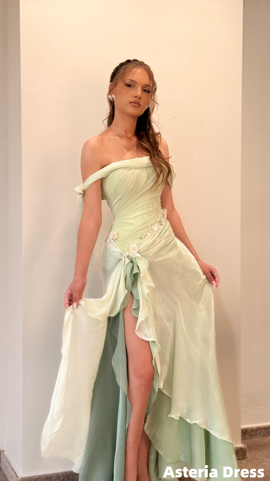 Off The Shoulder Mint Green Floral Ruffles Prom Dresses