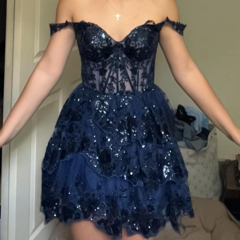 Off The Shoulder Navy Blue Homecoming Dresses Mini Lace Graduation Dre