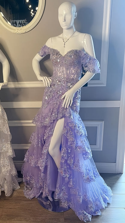 Off The Shoulder Pink Lace Ruffle Prom Dresses Long Evening Formal Gown,AST2100