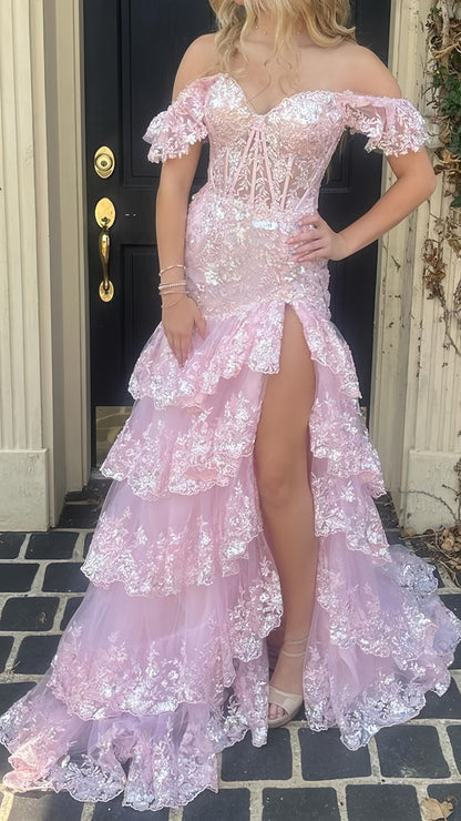 Off The Shoulder Pink Lace Ruffle Prom Dresses Long Evening Formal Gown,AST2100