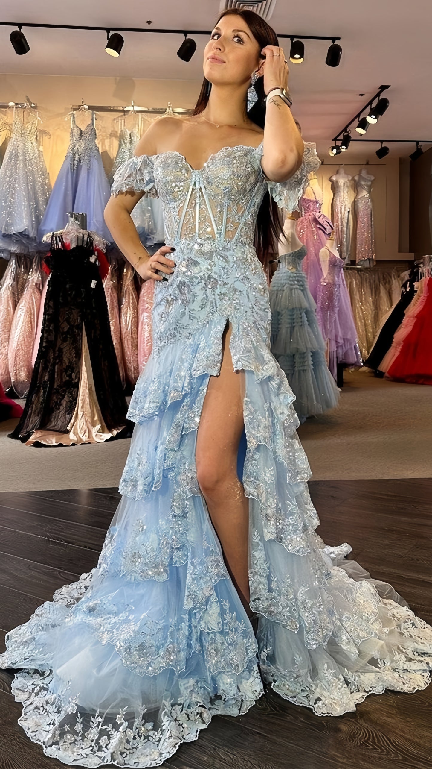 Off The Shoulder Pink Lace Ruffle Prom Dresses Long Evening Formal Gown,AST2100