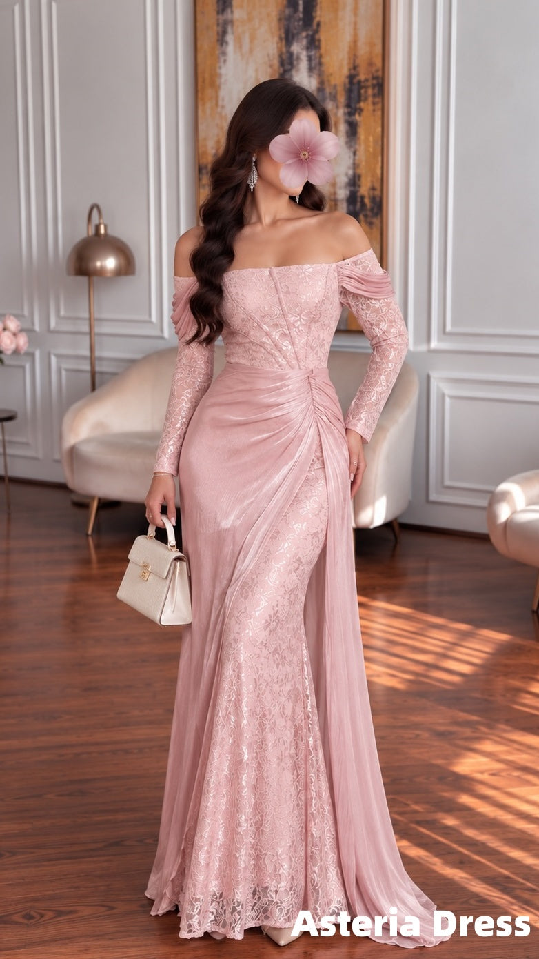 Off The Shoulder Pink Mermaid Lace Satin Long Evening Prom Dress