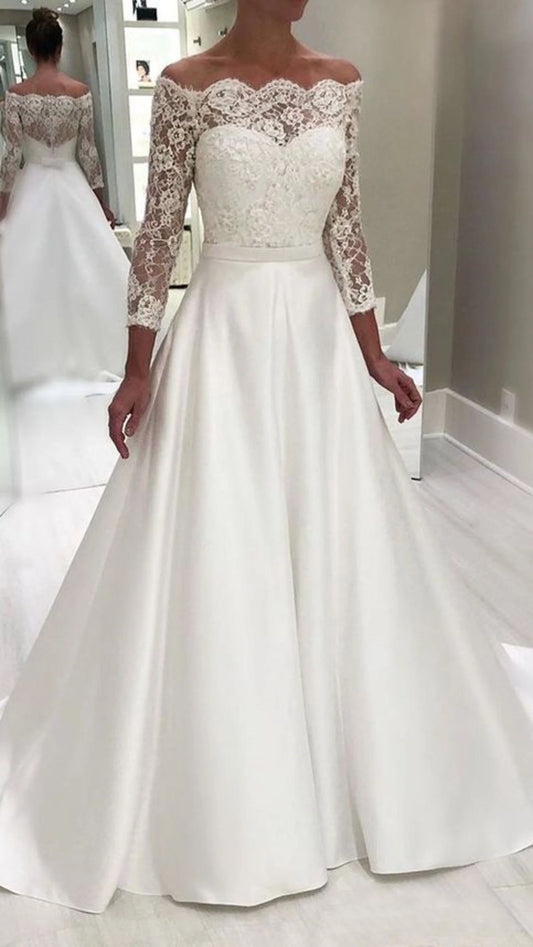 Off The Shoulder 3/4 Sleeve A-Line Satin Lace Wedding Dresses, AST974