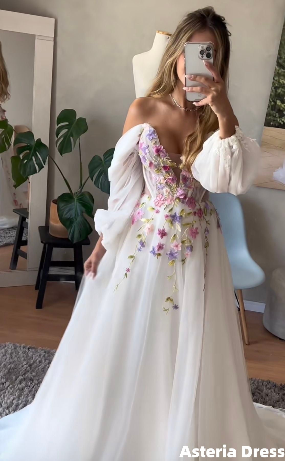 Off The Shoulder V-Neck Floral Long Prom Dress