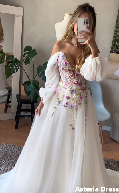 Off The Shoulder V-Neck Floral Long Prom Dress