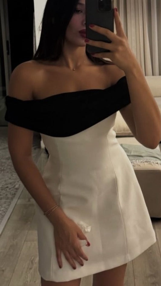 Off The Shoulder White Black Short Homecoming Dress,AST1913