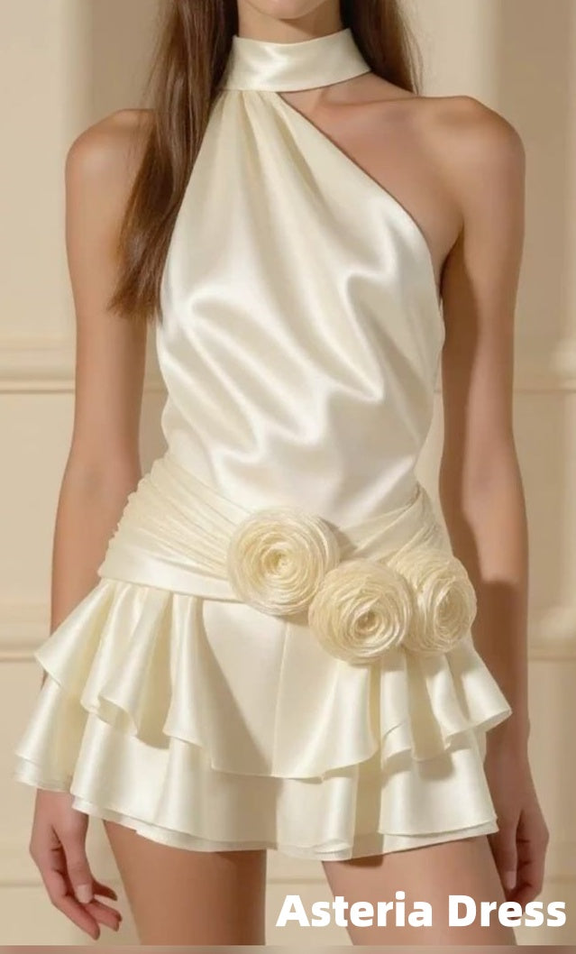 Off White Halter Floral Mini Homecoming Party Dress