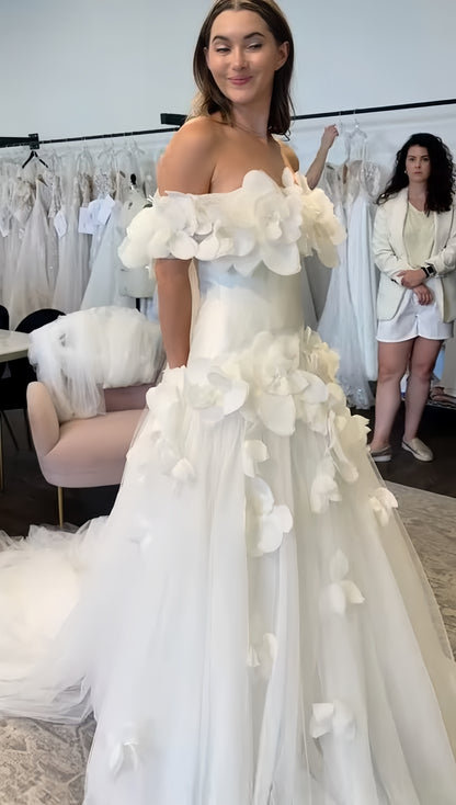Off The Shoulder 3D Floral Wedding Dresses Tulle A-line Bridal Dress, AST1923