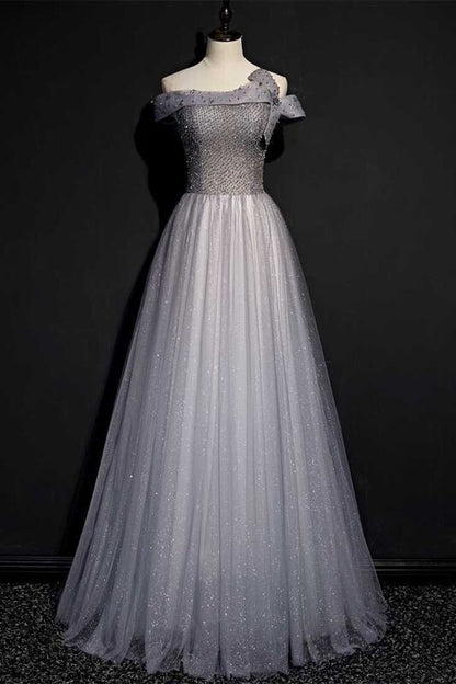 Off the Shuolder Grey Beaded Long Party Dress