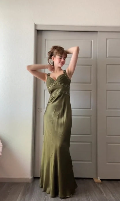 Olive Green Mermaid Beaded Satin Long Prom Dress , AST904