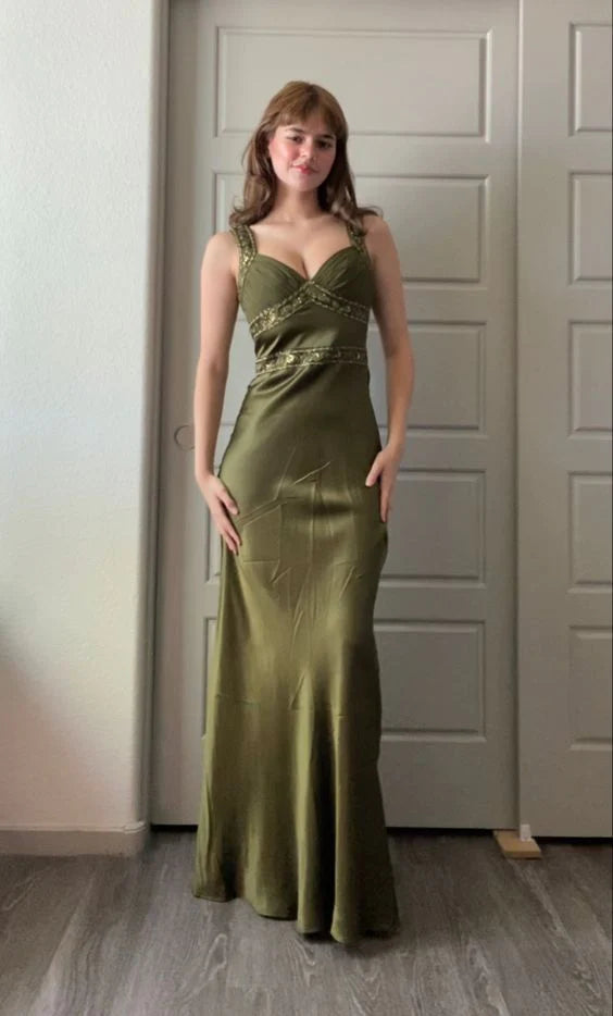 Olive Green Mermaid Beaded Satin Long Prom Dress , AST904 - Asteria