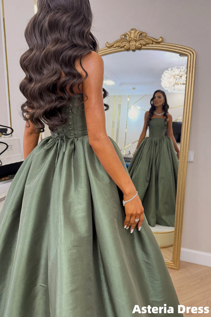 Olive Green Strapless A-Line Satin Prom Dresses