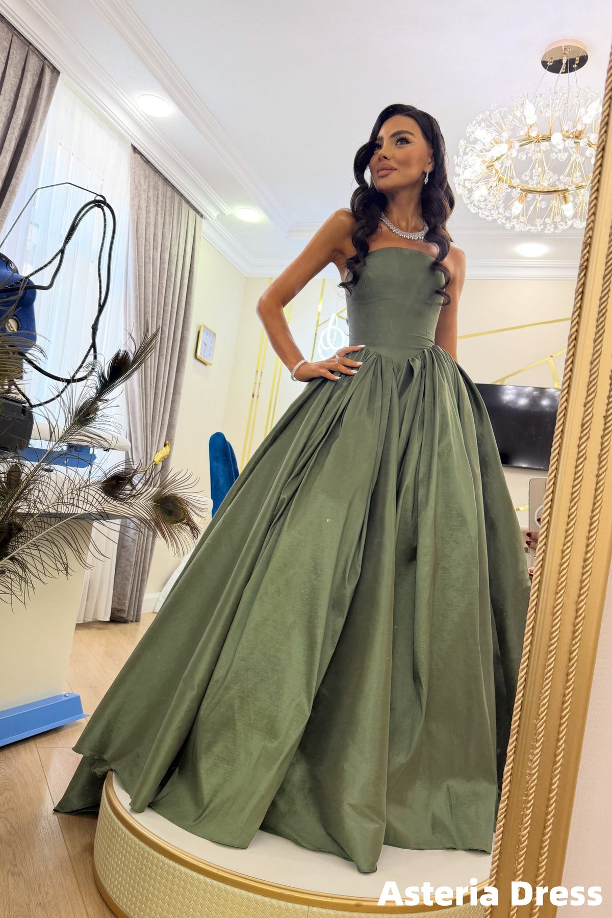 Olive Green Strapless A-Line Satin Prom Dresses