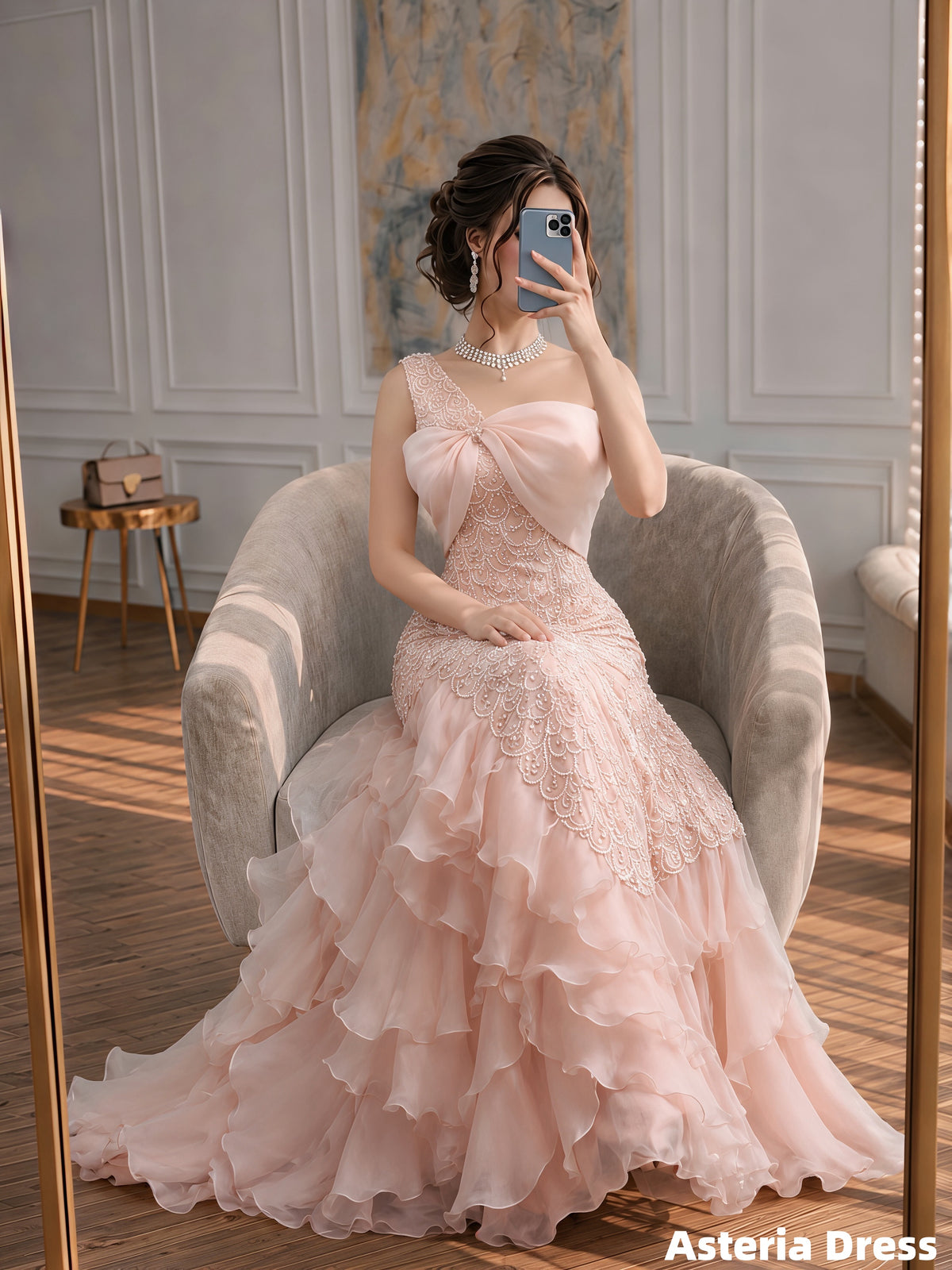 One Shoulder Blush Pink Beaded Chiffon Ruffles Prom Formal Dress