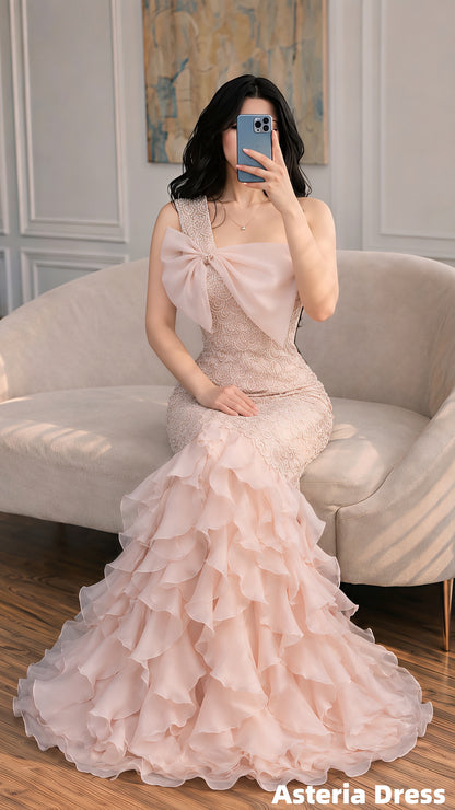 One Shoulder Blush Pink Beaded Chiffon Ruffles Prom Formal Dress