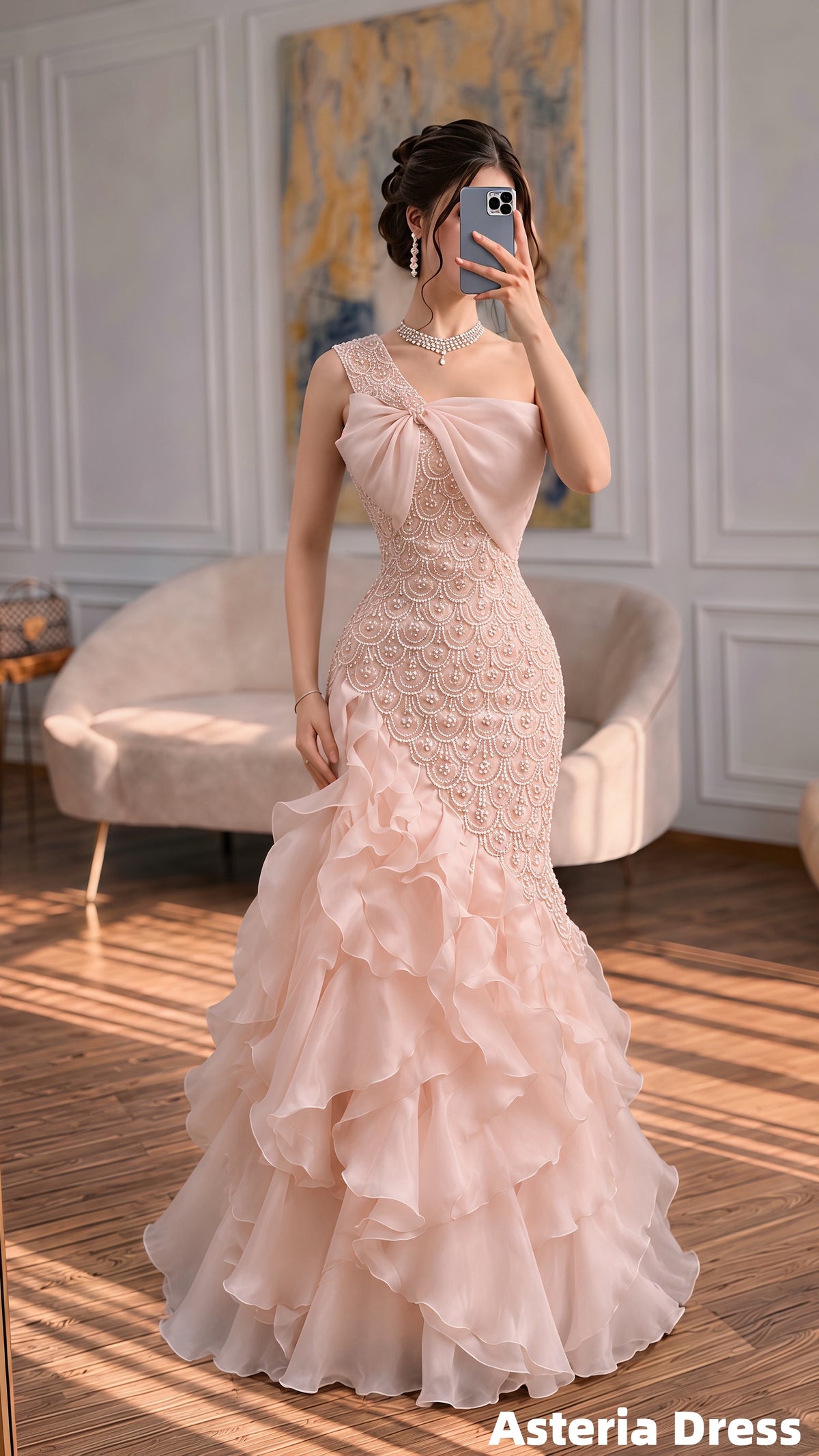One Shoulder Blush Pink Beaded Chiffon Ruffles Prom Formal Dress