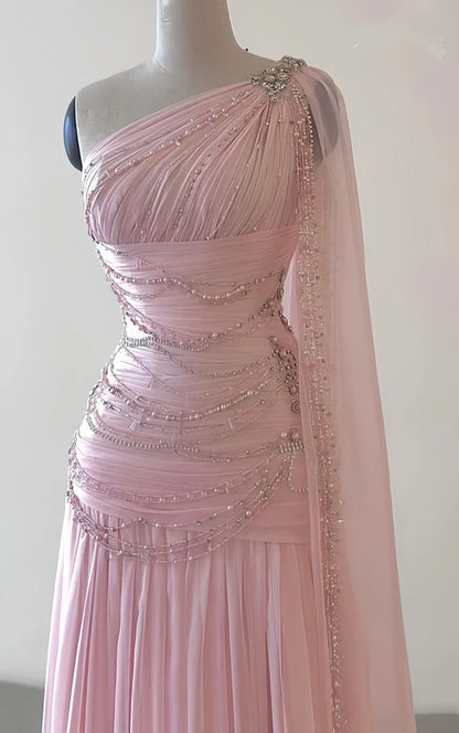 One Shoulder Chiffon Sheath Prom Dresses Beaded Evening Party Dress,AST2127