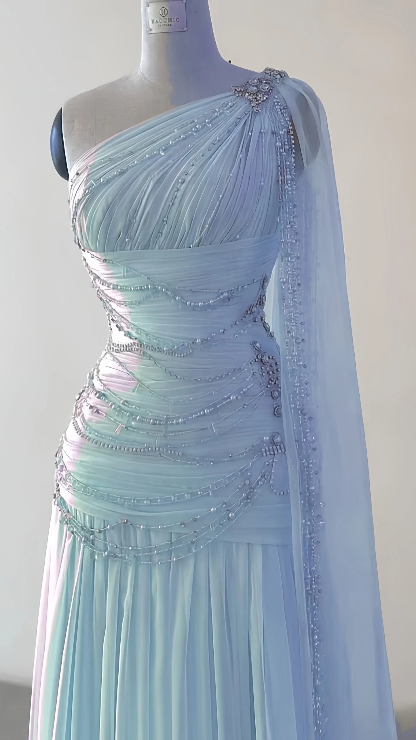 One Shoulder Chiffon Sheath Prom Dresses Beaded Evening Party Dress,AST2127