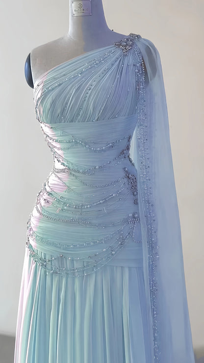 One Shoulder Chiffon Sheath Prom Dresses Beaded Evening Party Dress,AST2127