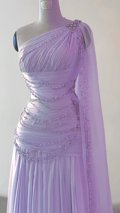 One Shoulder Chiffon Sheath Prom Dresses Beaded Evening Party Dress,AST2127