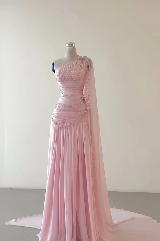 One Shoulder Chiffon Sheath Prom Dresses Beaded Evening Party Dress,AST2127