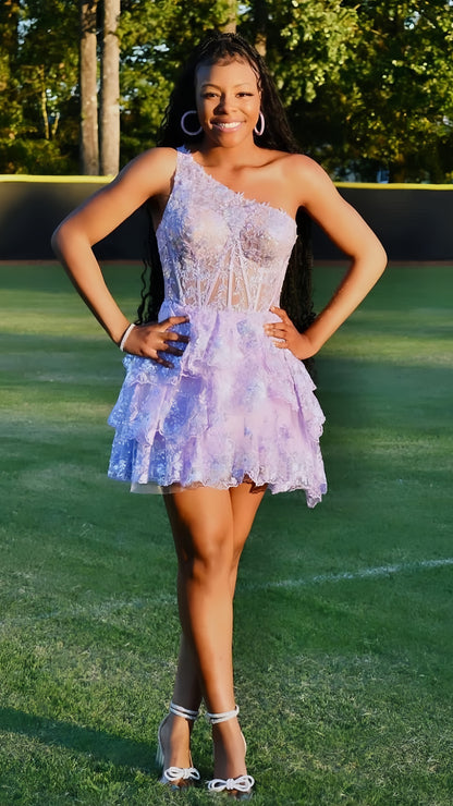 One Shoulder Lilac Ruffle Homecoming Dresses, AST1429