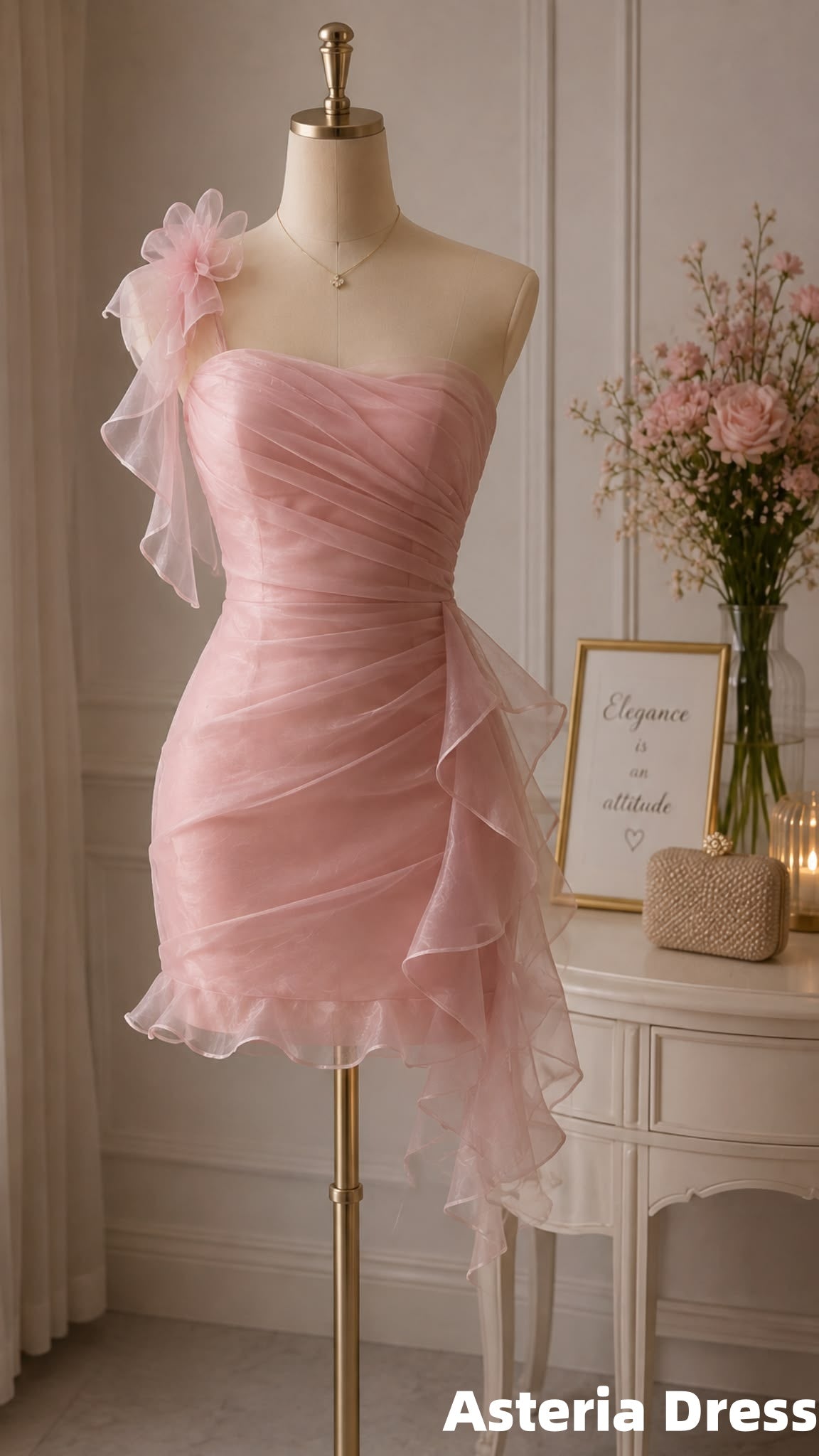 One Shoulder Pink Organza Homecoming Dress Mini Birthday Dress