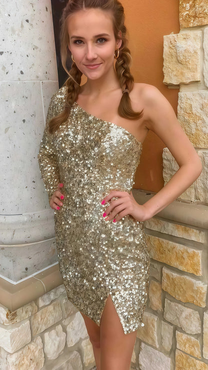 One Sleeve Sequin Homecoming Dress, Short Prom Dresses,AST1618