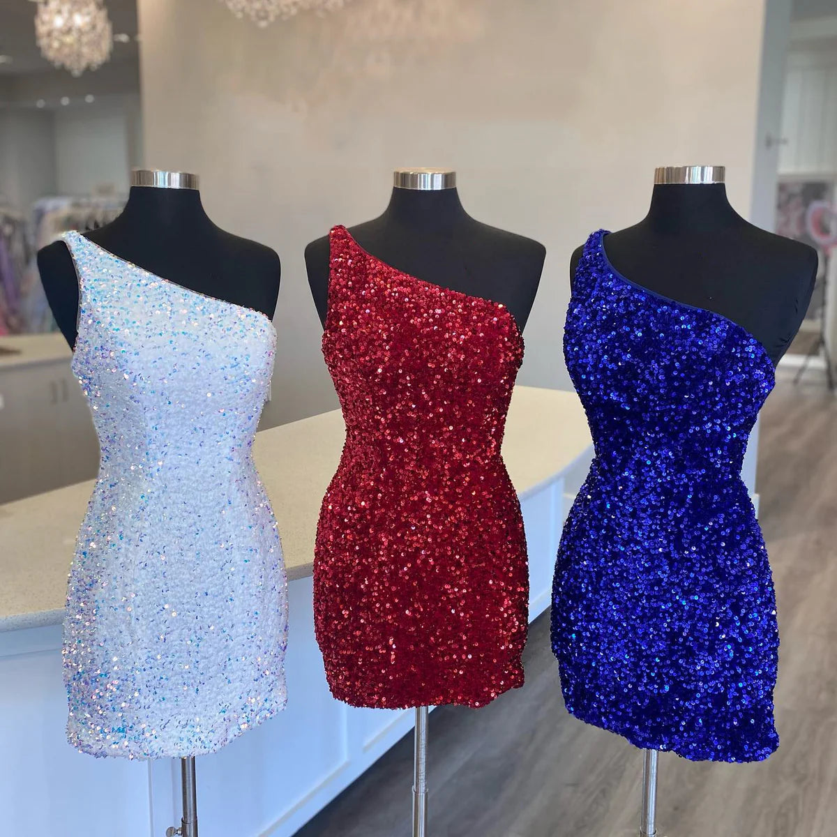 One Shoulder Black Sequin Bodycon Mini Dress Homecoming  Dress, AST1164