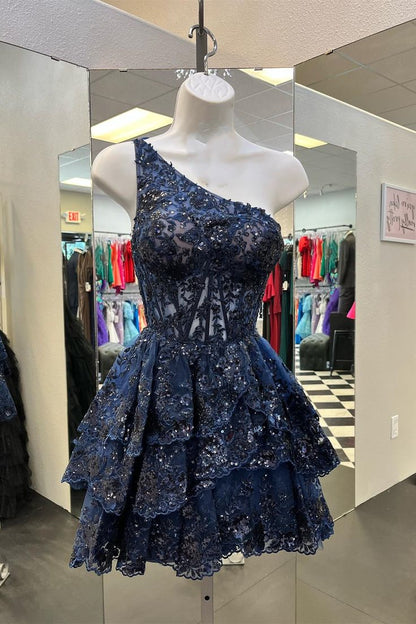 One Shoulder Lace Homecoming Dress Mini Party Gown, AST1036