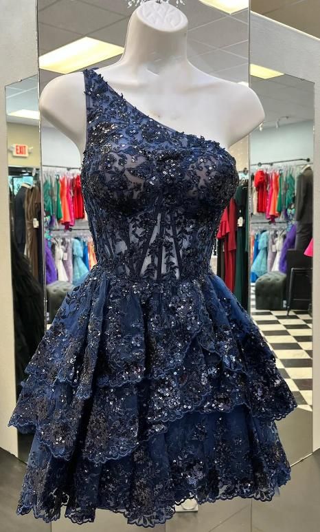One Shoulder Lace Homecoming Dress Mini Party Gown, AST1036