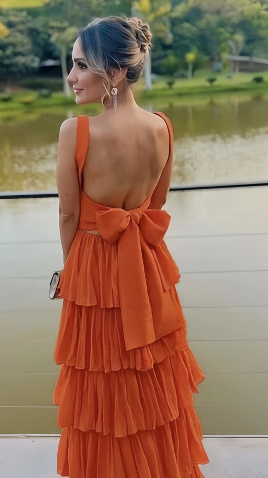 Orange Chiffon Ruffle Prom Dresses Square Neck Long Party Dress,AST2209