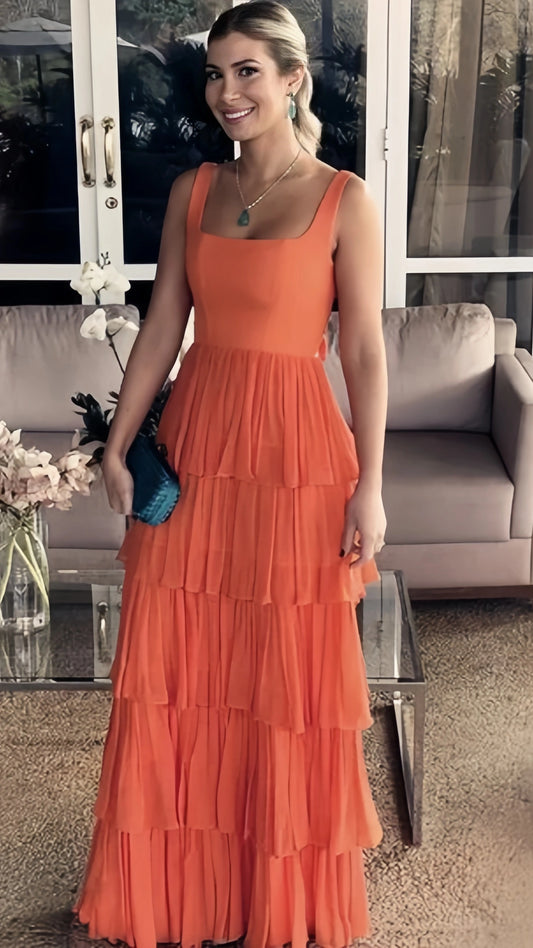Orange Chiffon Ruffle Prom Dresses Square Neck Long Party Dress,AST2209