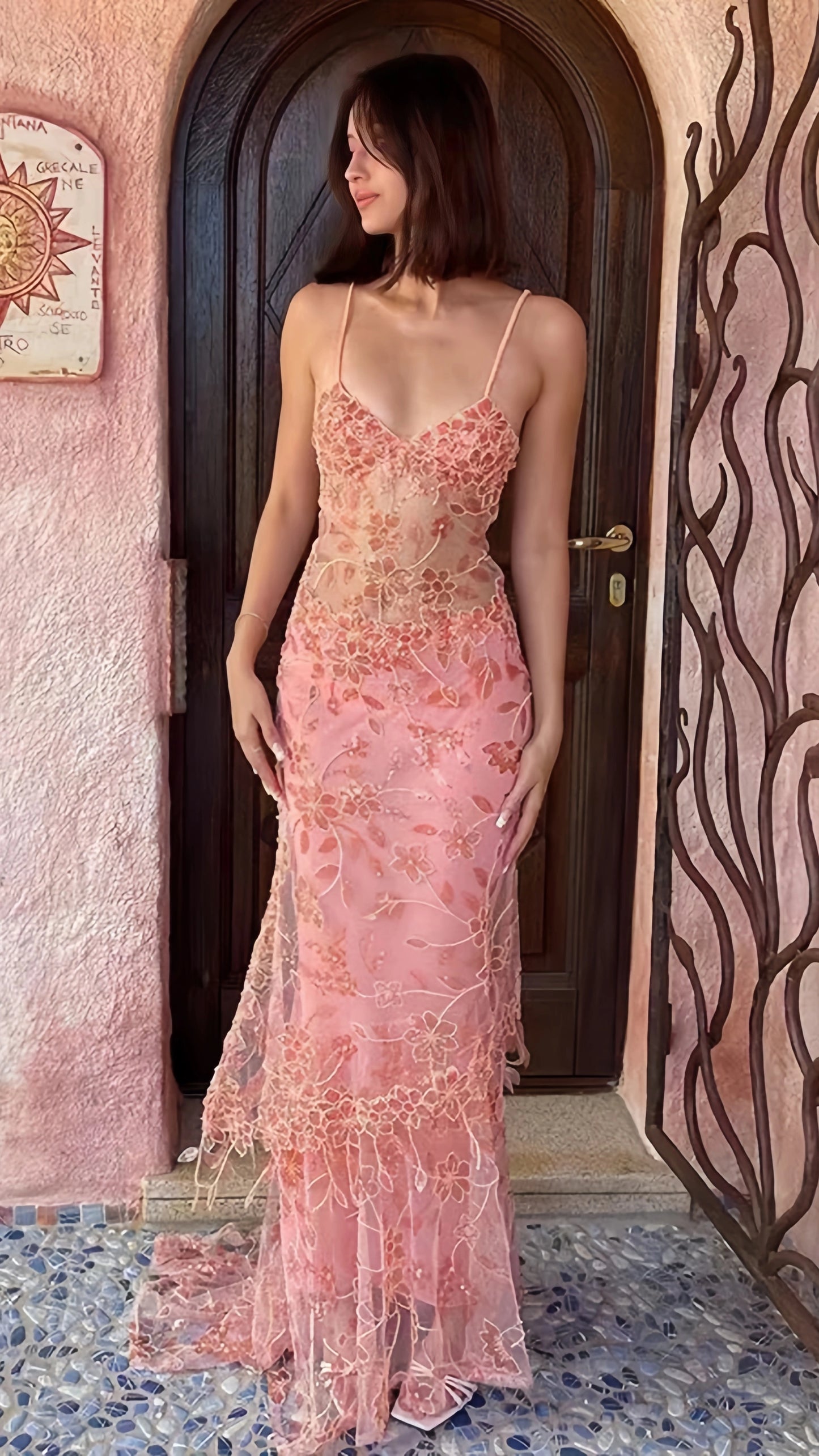 Orange Pink Lace Sheath Long Prom Dresses V-neck Ruffle Evening Formal Dress,AST2082