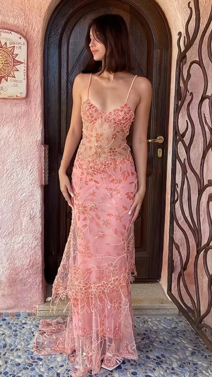 Orange Pink Lace Sheath Long Prom Dresses V-neck Ruffle Evening Formal Dress,AST2082