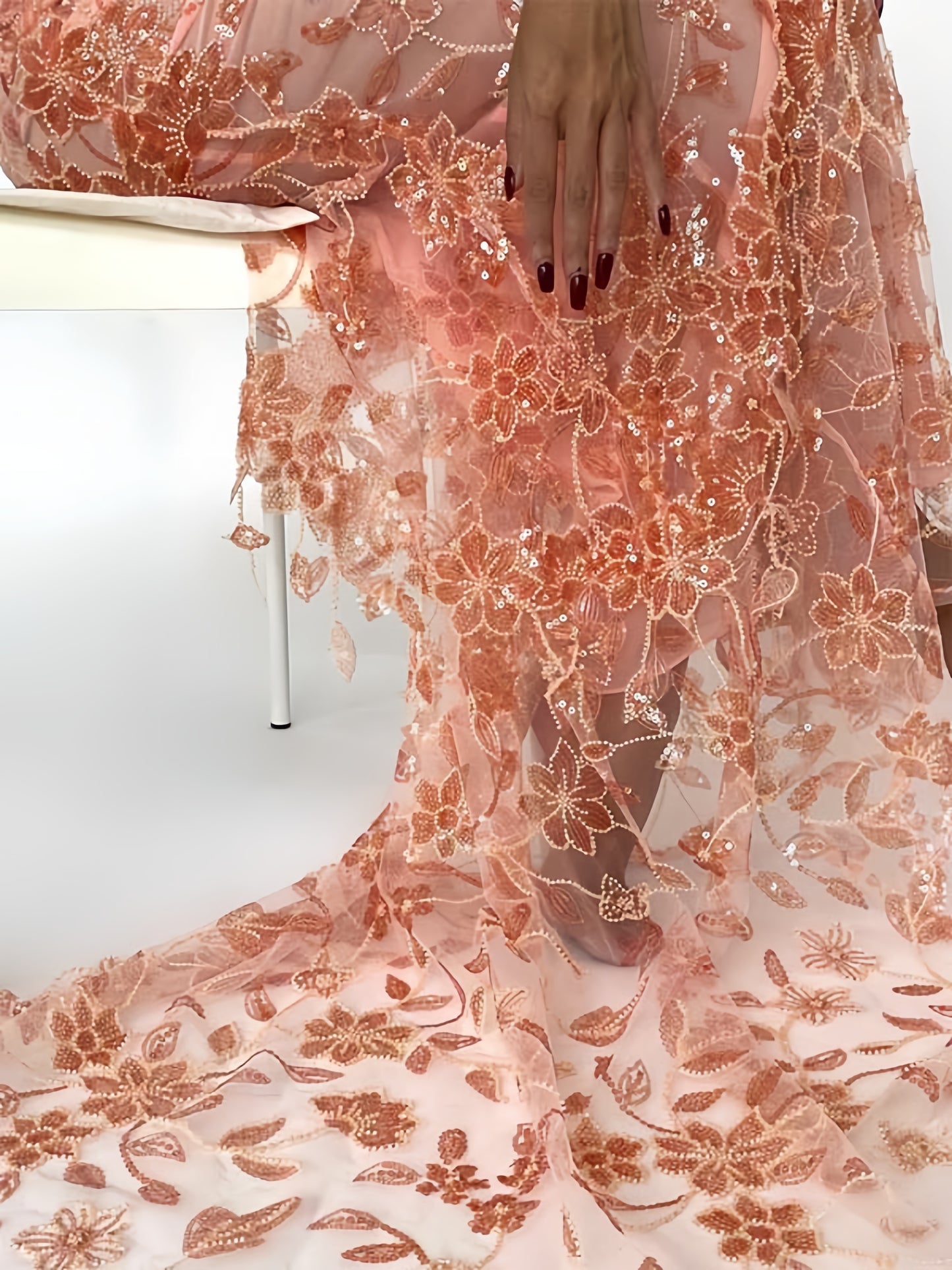 Orange Pink Lace Sheath Long Prom Dresses V-neck Ruffle Evening Formal Dress,AST2082