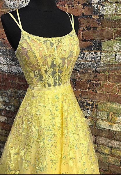 Yellow tulle lace long prom dress evening dress