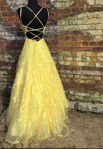 Yellow tulle lace long prom dress evening dress