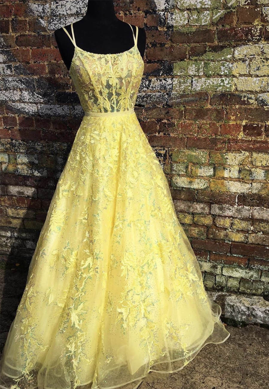 Yellow tulle lace long prom dress evening dress
