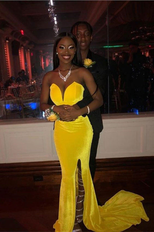 Yellow Prom Gown, Velvet Prom Gown, Side Slit Prom Gown, Long Prom Gown, Cheap Prom Gown, Sweetheart Prom Gown