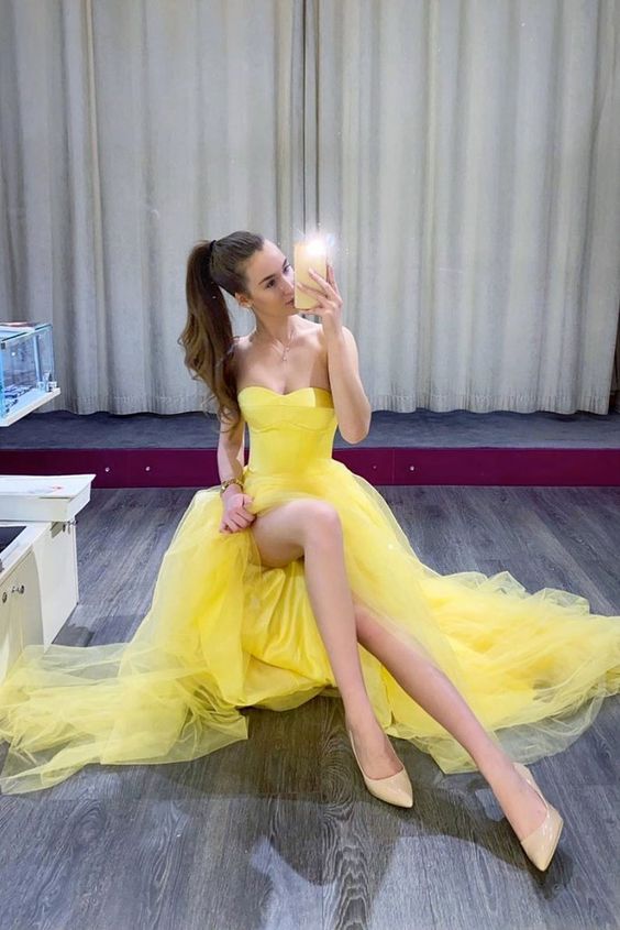 Yellow Tulle Formal Gown - Long Prom Dress