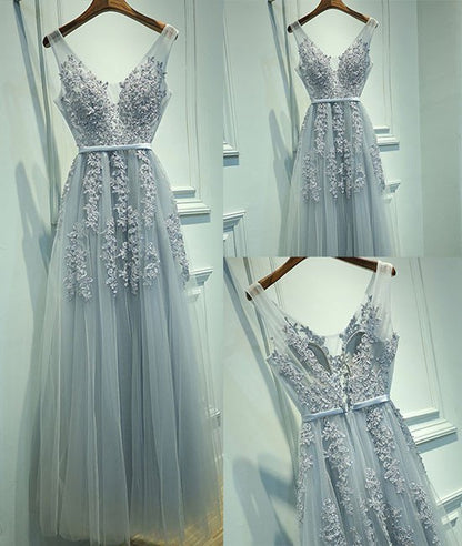 Gray Tulle Prom Dress A-Line with Lace - V-Neck Evening Gown