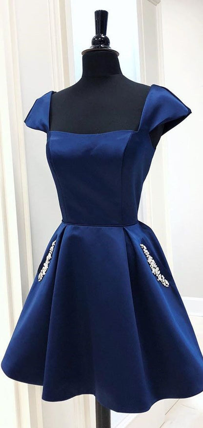Cap Sleeves Short Navy Blue Homecoming Dress with Lace Up Back