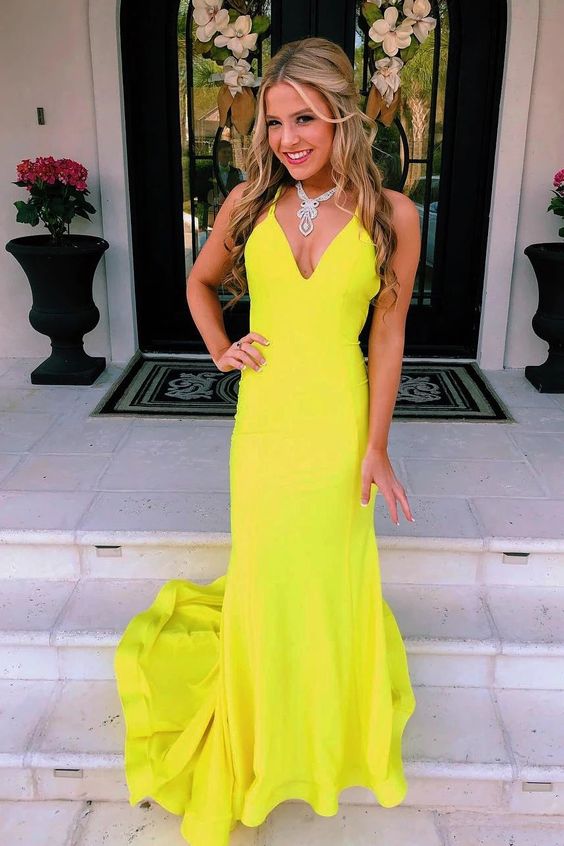 yellow satin prom dresses, open back yellow satin prom dresses, mermaid yellow satin prom dress