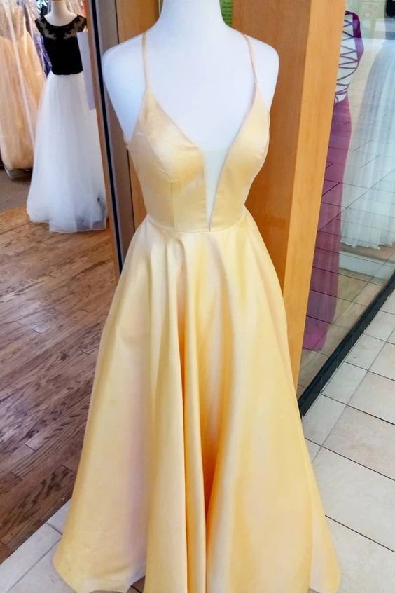 yellow prom dresses, criss cross yellow prom dresses, spaghetti strap yellow prom dresses, a line yellow prom dresses