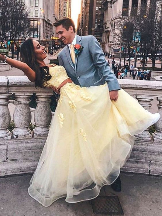 Yellow Two Pieces Lace Long Prom Dresses, Two Pieces Yellow Formal Dresses, Yellow Lace Evening Dresses