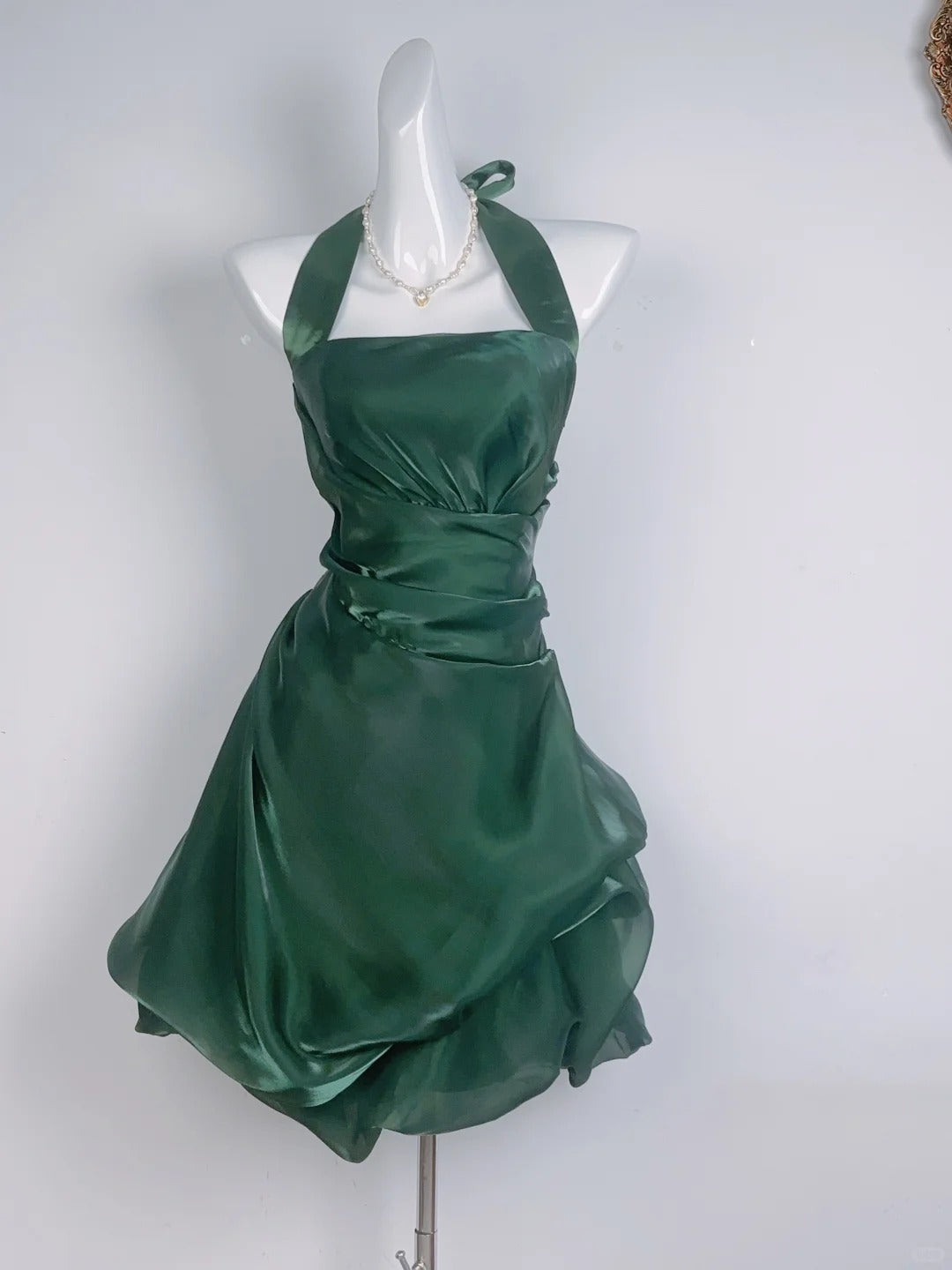 Vintage Dark Green Halter Neck Floral Mini Homecoming Dress
